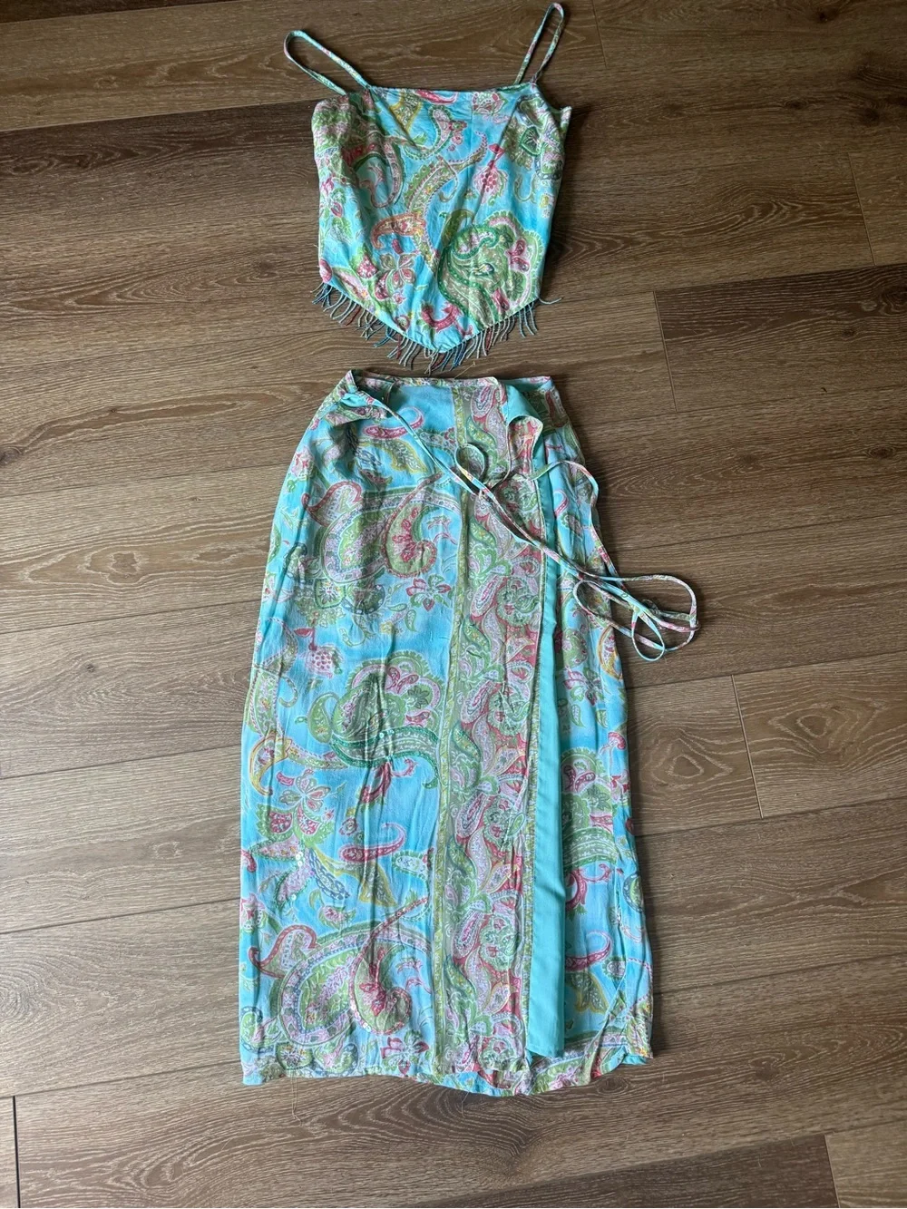 Vintage Turquoise Paisley Two-Piece Set - Fringe Crop Top & Wrap Skirt